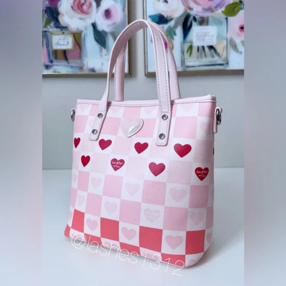 Women Bags Pink Heart Checker Tote Bag with Pom Charm - Picture 3 of 8